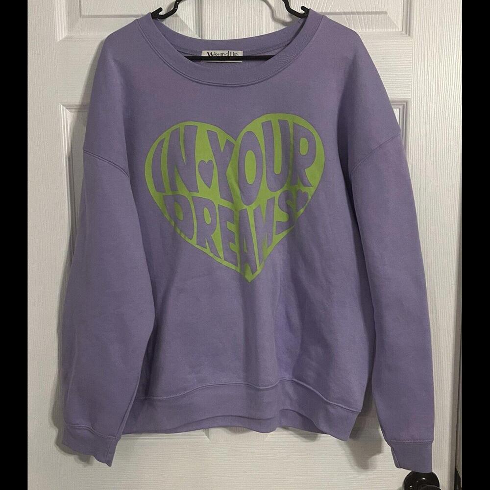 Wound Up Women’s Sweatshirt Size Xxl Lavender Woth Bright Green Hearts & Saying